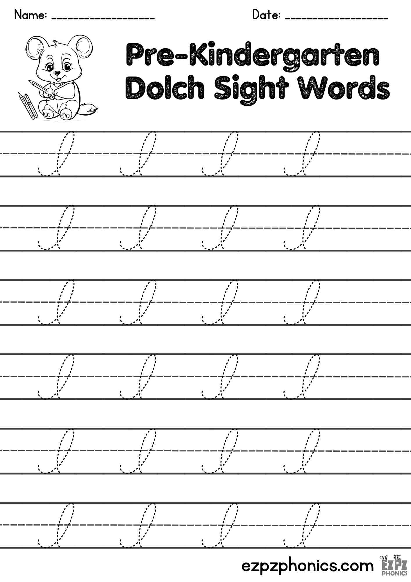 The Word I Cursive Writing Practice – Pre-K Dolch Sight Words Free PDF Download